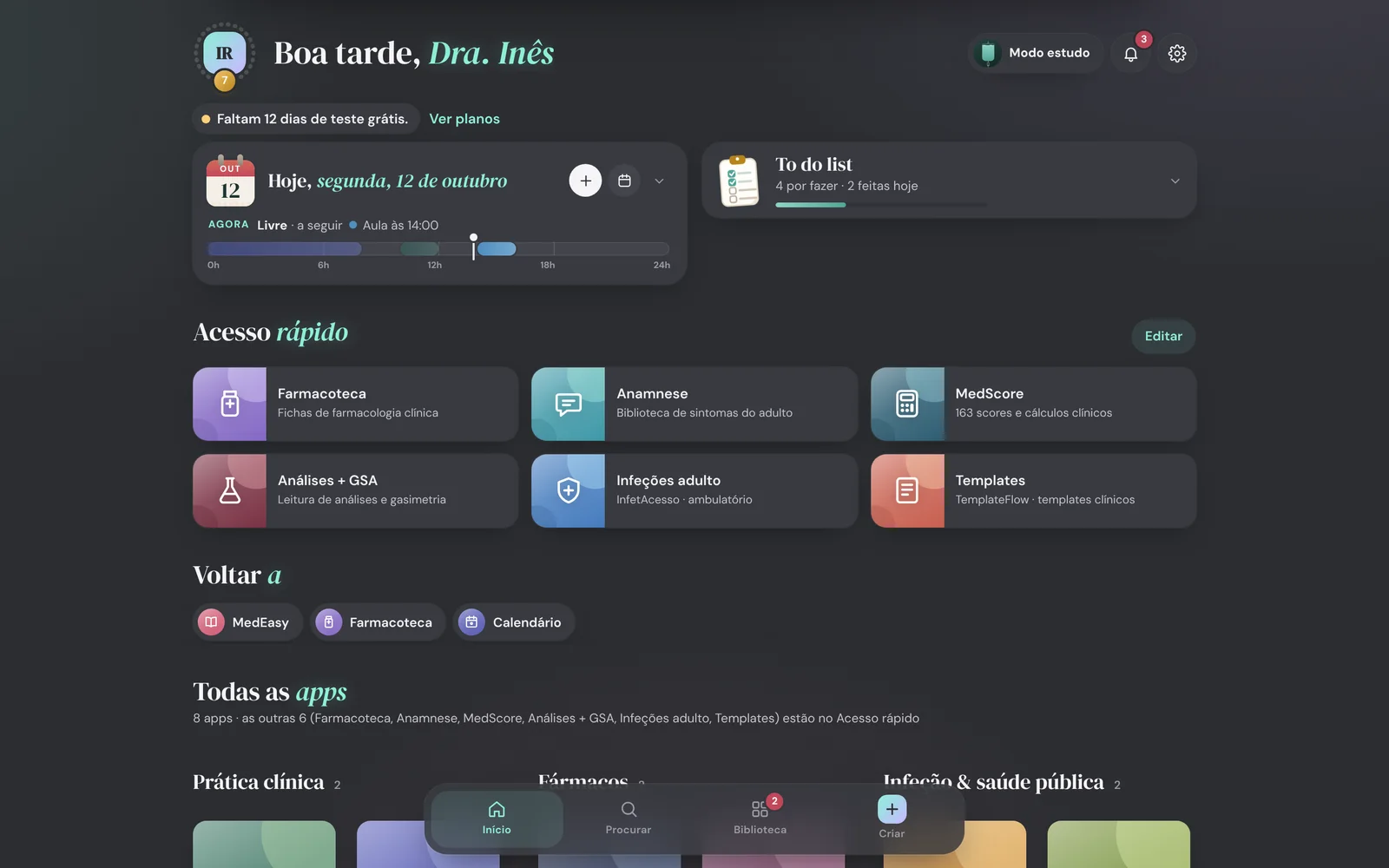 Início no tema escuro, no computador