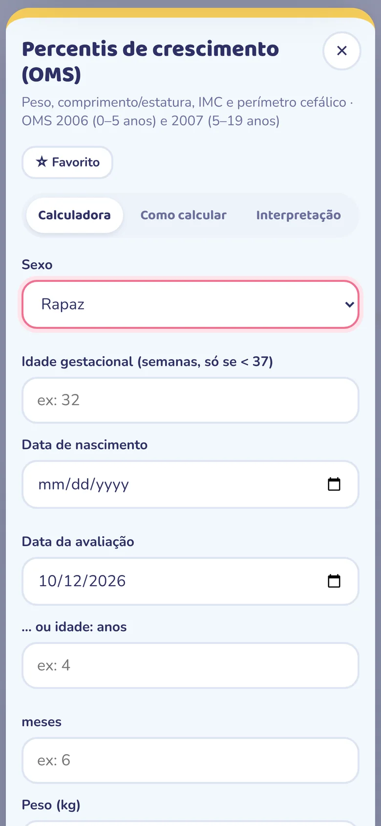 Percentis de crescimento da OMS no PedScore