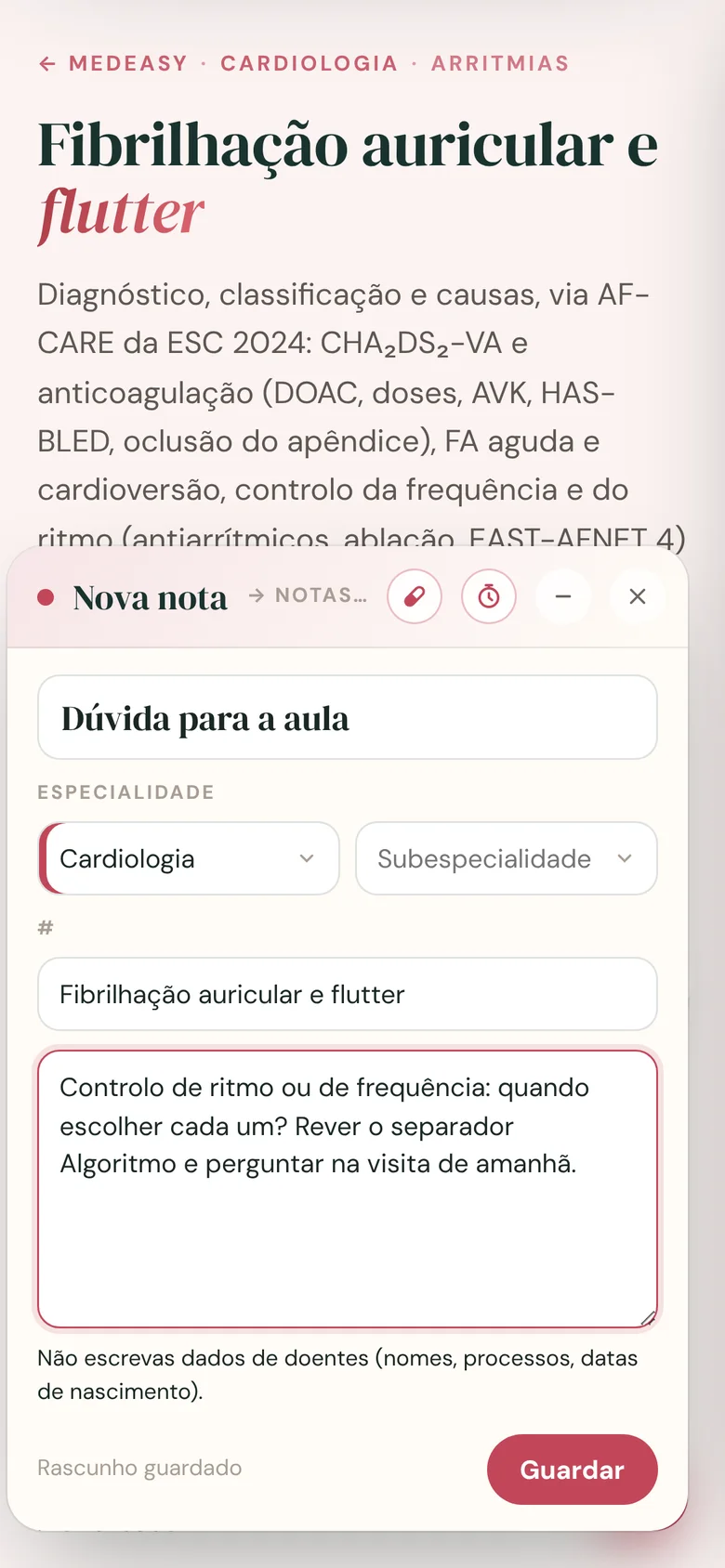 Nova nota escrita dentro de um tema do MedEasy